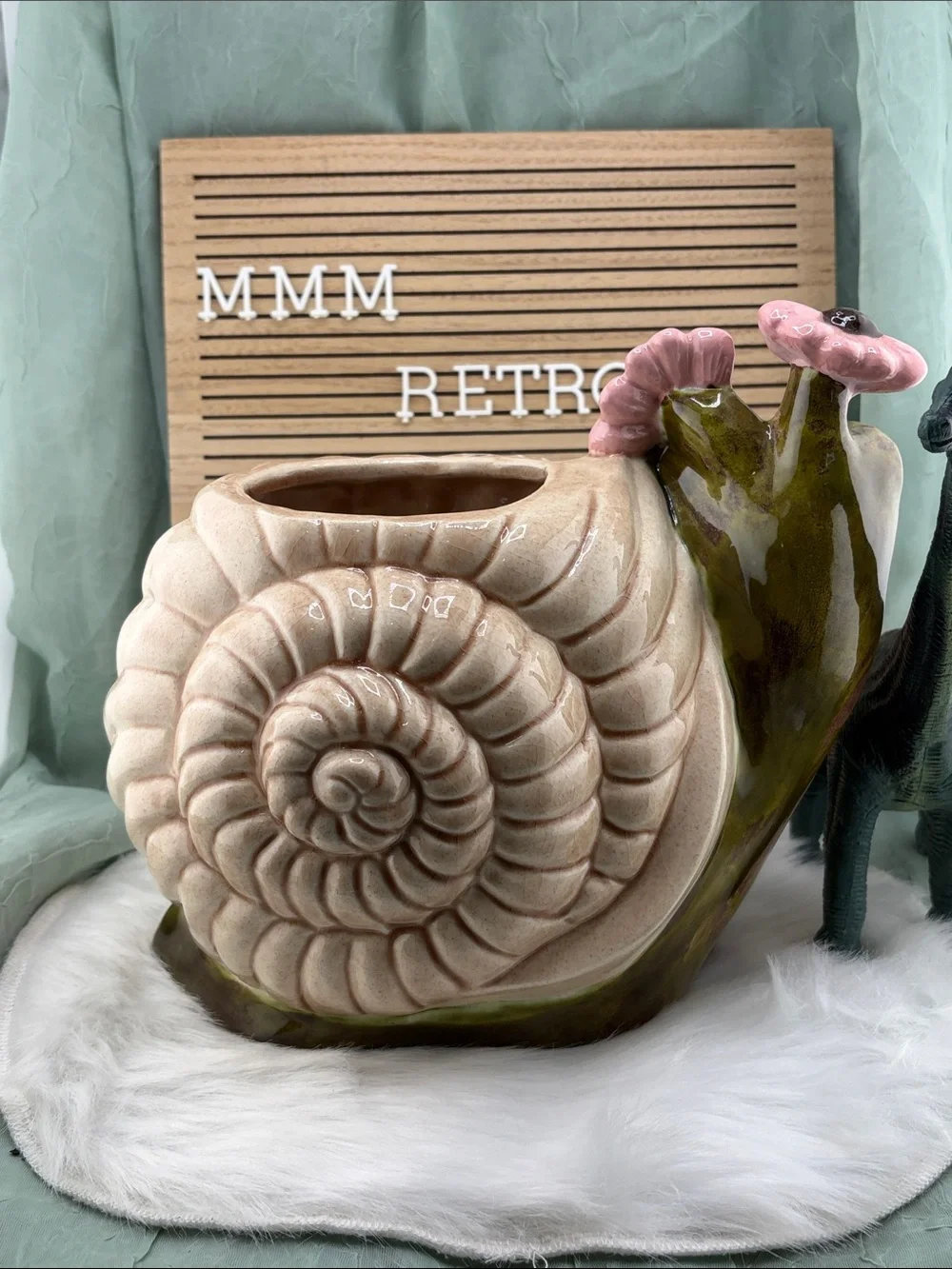 Vintage Ceramic Olive Green Snail with Pink Flowers Planter and Cream Shell